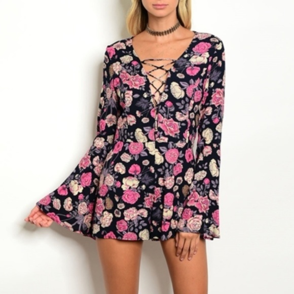C.C. Boutique Pants - Long Bell Sleeve Floral Open Back Lace Up Romper